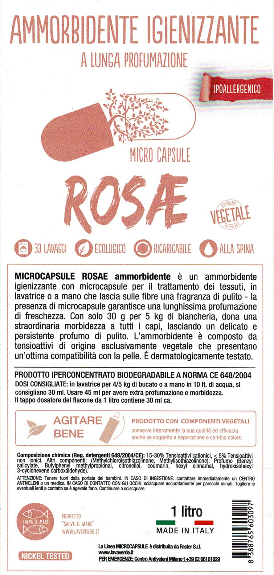 Ammorbidente Igienizzante Microcapsule Rosae LavaVerde - Vettovaglia.com
